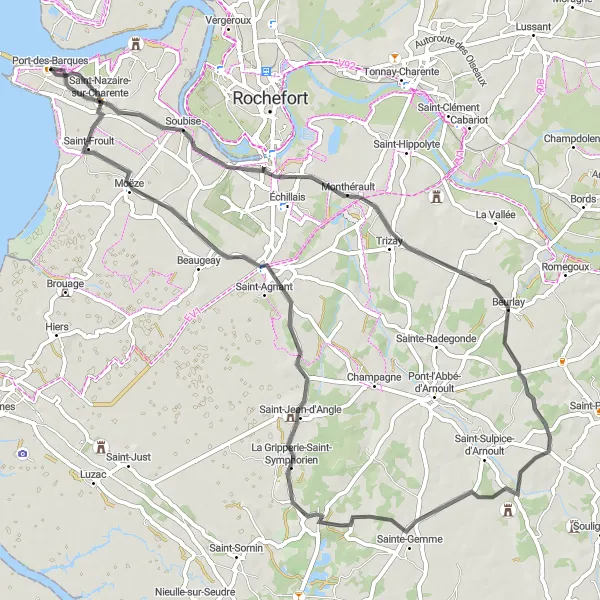 Miniature de la carte de l'inspiration cycliste "Parcours entre Soubise et Saint-Froult" dans la Poitou-Charentes, France. Générée par le planificateur d'itinéraire cycliste Tarmacs.app