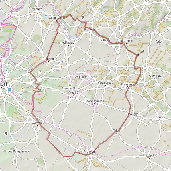 Miniature de la carte de l'inspiration cycliste "Itinéraire de Gravel à Fressines" dans la Poitou-Charentes, France. Générée par le planificateur d'itinéraire cycliste Tarmacs.app
