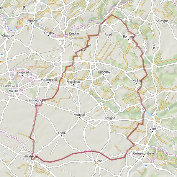 Map miniature of "Around Prahecq" cycling inspiration in Poitou-Charentes, France. Generated by Tarmacs.app cycling route planner