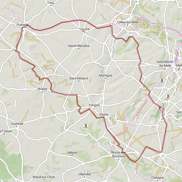 Miniature de la carte de l'inspiration cycliste "Parcours de Gravel à Paizay-le-Tort" dans la Poitou-Charentes, France. Générée par le planificateur d'itinéraire cycliste Tarmacs.app