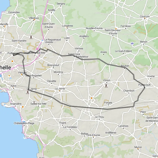 Map miniature of "Puilboreau Circuit via Sainte-Soulle, Bouhet, Le Cher, La Jarne, and Puilboreau" cycling inspiration in Poitou-Charentes, France. Generated by Tarmacs.app cycling route planner