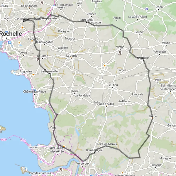 Map miniature of "Puilboreau Loop via Sainte-Soulle, Le Cher, and Loire-les-Marais" cycling inspiration in Poitou-Charentes, France. Generated by Tarmacs.app cycling route planner