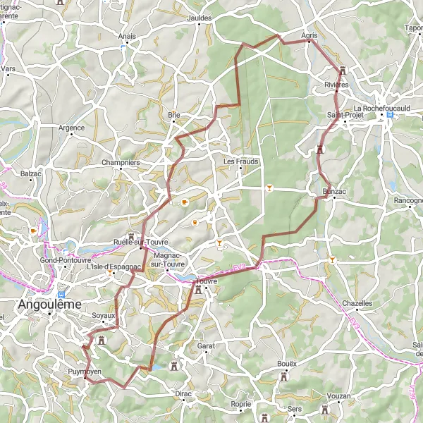 Map miniature of "Ruelle-sur-Touvre Loop" cycling inspiration in Poitou-Charentes, France. Generated by Tarmacs.app cycling route planner