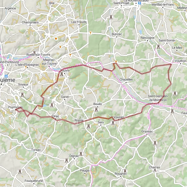 Map miniature of "Exploring the Scenic Routes of Touvre and Pranzac" cycling inspiration in Poitou-Charentes, France. Generated by Tarmacs.app cycling route planner
