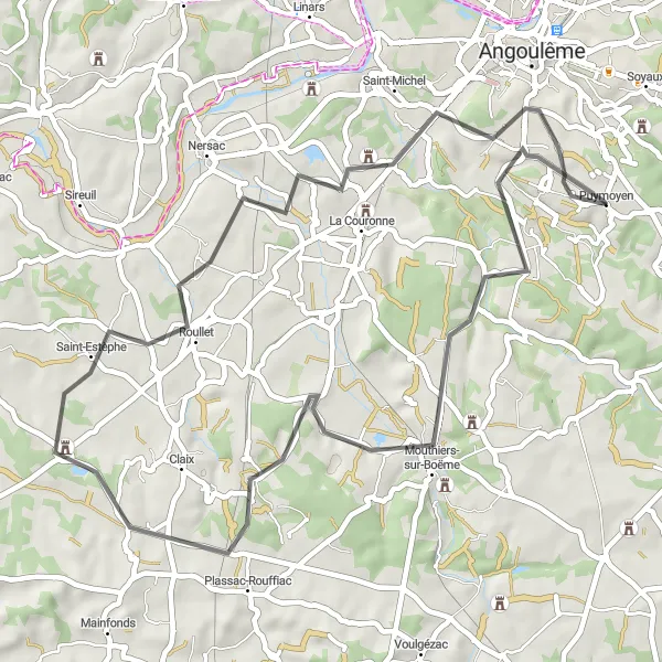 Map miniature of "Puymoyen Circuit" cycling inspiration in Poitou-Charentes, France. Generated by Tarmacs.app cycling route planner