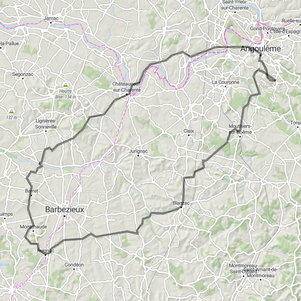 Map miniature of "Châteauneuf-sur-Charente Circuit" cycling inspiration in Poitou-Charentes, France. Generated by Tarmacs.app cycling route planner