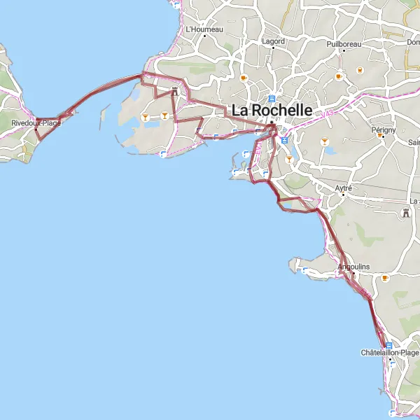 Map miniature of "Rivedoux-Plage to La Rochelle Gravel Route 2" cycling inspiration in Poitou-Charentes, France. Generated by Tarmacs.app cycling route planner