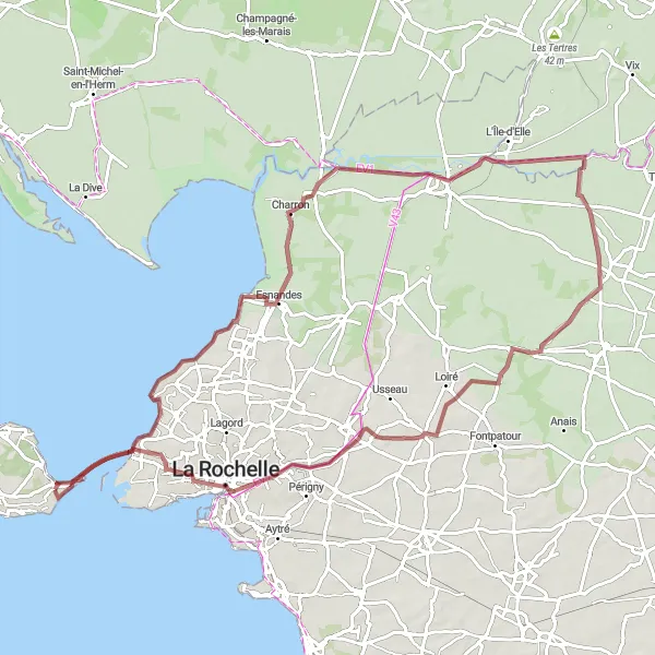 Map miniature of "Rivedoux-Plage to La Rochelle Gravel Route 3" cycling inspiration in Poitou-Charentes, France. Generated by Tarmacs.app cycling route planner