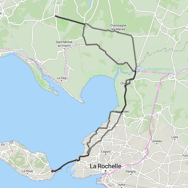 Miniature de la carte de l'inspiration cycliste "Boucle de 100 km autour de Rivedoux-Plage" dans la Poitou-Charentes, France. Générée par le planificateur d'itinéraire cycliste Tarmacs.app