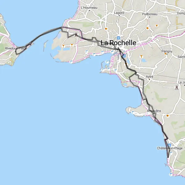 Map miniature of "Rivedoux-Plage to La Rochelle Road Route 2" cycling inspiration in Poitou-Charentes, France. Generated by Tarmacs.app cycling route planner