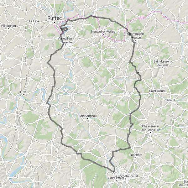 Map miniature of "Scenic Road Cycling Tour of Mansle and Champagne-Mouton" cycling inspiration in Poitou-Charentes, France. Generated by Tarmacs.app cycling route planner