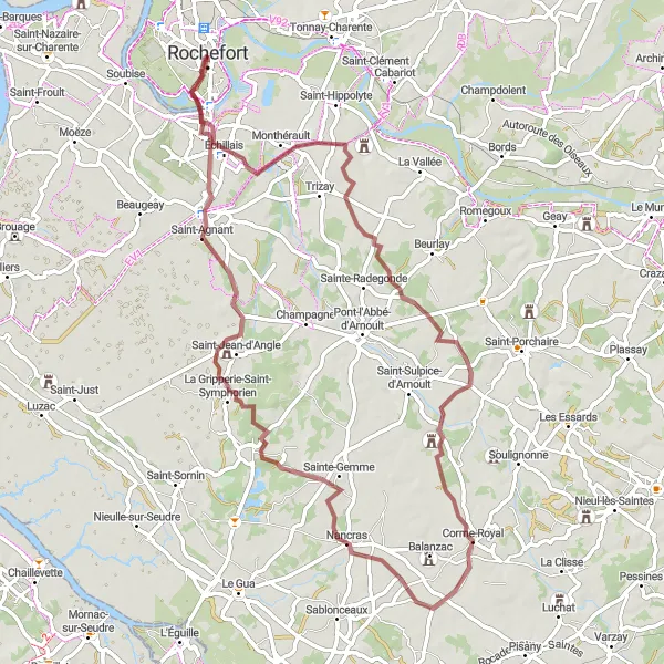 Map miniature of "Le Gravel d'Échillais" cycling inspiration in Poitou-Charentes, France. Generated by Tarmacs.app cycling route planner