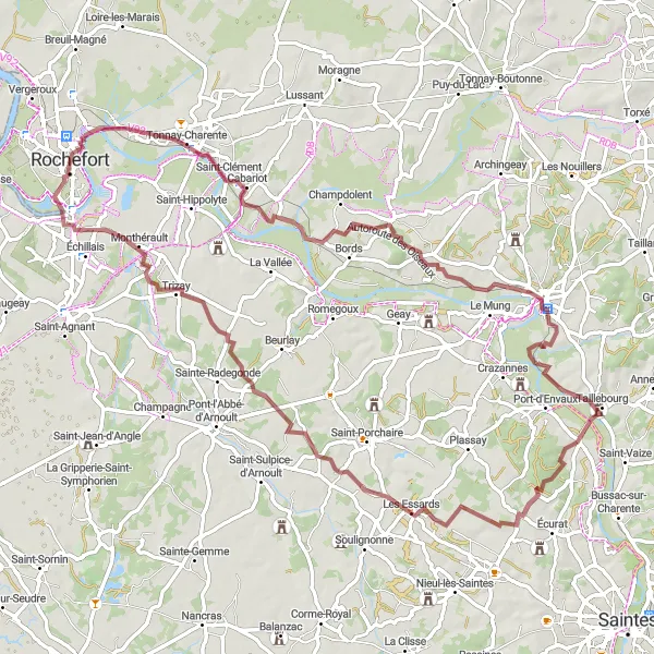 Miniature de la carte de l'inspiration cycliste "Explorer la campagne charentaise" dans la Poitou-Charentes, France. Générée par le planificateur d'itinéraire cycliste Tarmacs.app