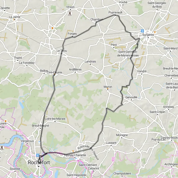 Map miniature of "The Magné Loop" cycling inspiration in Poitou-Charentes, France. Generated by Tarmacs.app cycling route planner