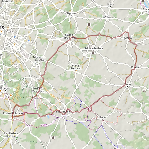 Miniature de la carte de l'inspiration cycliste "Les Sentiers de la Vienne" dans la Poitou-Charentes, France. Générée par le planificateur d'itinéraire cycliste Tarmacs.app