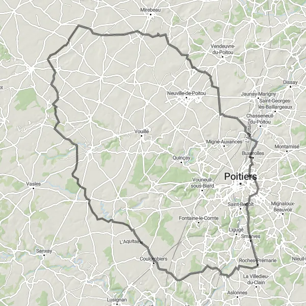 Map miniature of "Scenic Routes and Vibrant Villages" cycling inspiration in Poitou-Charentes, France. Generated by Tarmacs.app cycling route planner