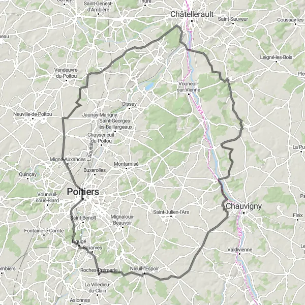 Map miniature of "Poitiers Challenge" cycling inspiration in Poitou-Charentes, France. Generated by Tarmacs.app cycling route planner