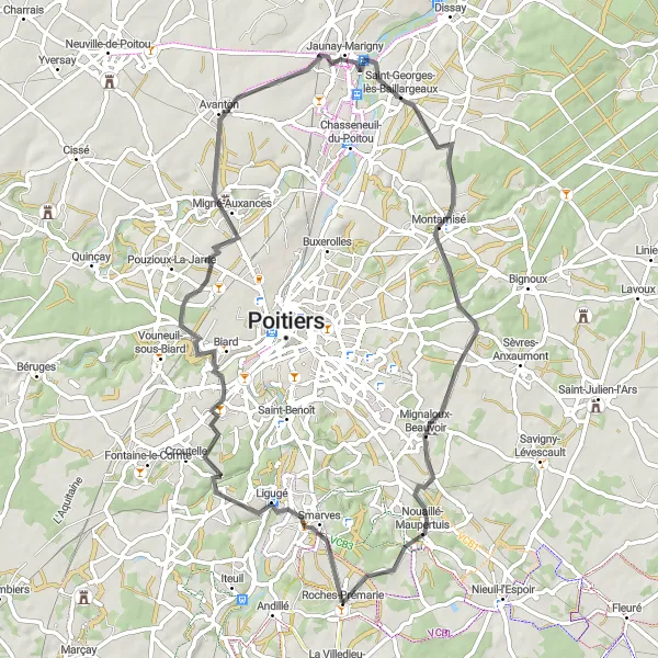 Miniature de la carte de l'inspiration cycliste "Les Clochers de la Vienne" dans la Poitou-Charentes, France. Générée par le planificateur d'itinéraire cycliste Tarmacs.app