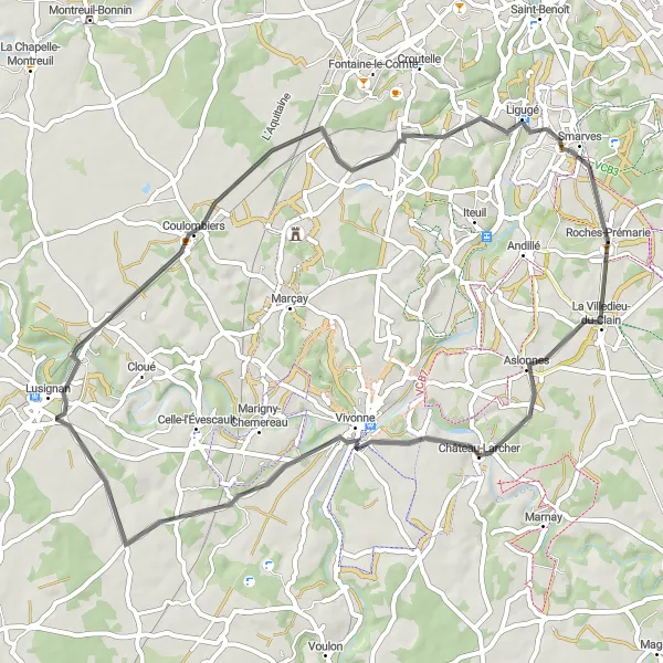 Map miniature of "Château-Larcher and Countryside Serenity" cycling inspiration in Poitou-Charentes, France. Generated by Tarmacs.app cycling route planner