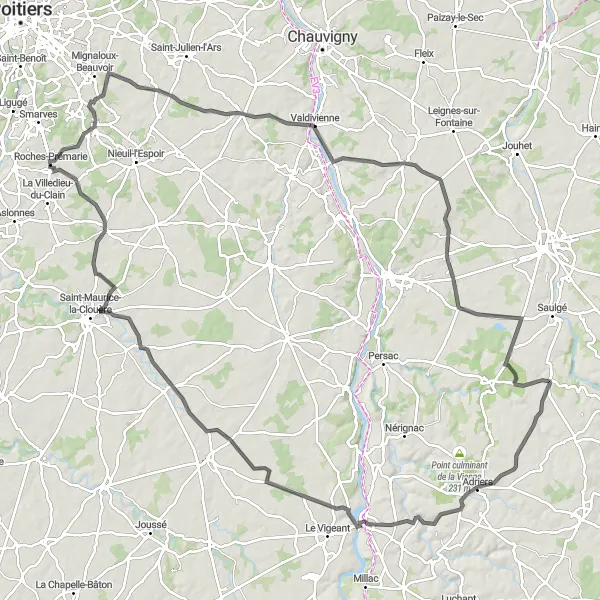 Miniature de la carte de l'inspiration cycliste "Tour en vélo vers l'Isle-Jourdain depuis Roches-Prémarie" dans la Poitou-Charentes, France. Générée par le planificateur d'itinéraire cycliste Tarmacs.app