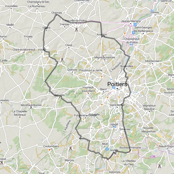 Miniature de la carte de l'inspiration cycliste "Les Châteaux et Abbayes de la Vienne" dans la Poitou-Charentes, France. Générée par le planificateur d'itinéraire cycliste Tarmacs.app