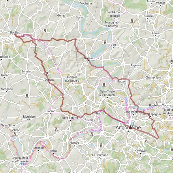 Miniature de la carte de l'inspiration cycliste "Boucle de Vindelle" dans la Poitou-Charentes, France. Générée par le planificateur d'itinéraire cycliste Tarmacs.app