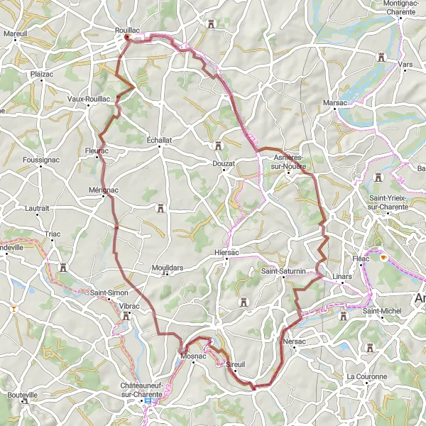 Map miniature of "Saint-Cybardeaux - Asnières-sur-Nouère - Trois-Palis - Saint-Simeux Loop" cycling inspiration in Poitou-Charentes, France. Generated by Tarmacs.app cycling route planner