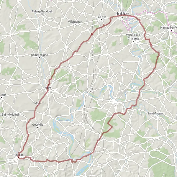 Miniature de la carte de l'inspiration cycliste "Circuit de 102 km en gravel près de Rouillac" dans la Poitou-Charentes, France. Générée par le planificateur d'itinéraire cycliste Tarmacs.app