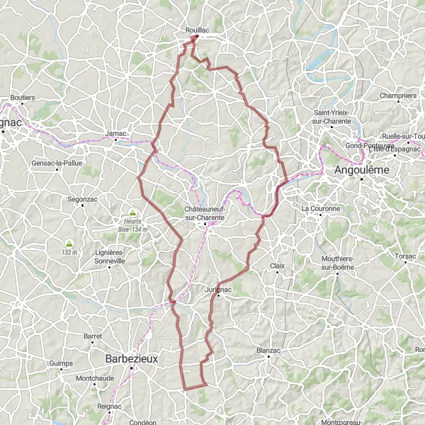 Miniature de la carte de l'inspiration cycliste "Aventure de 99 km en gravel autour de Rouillac" dans la Poitou-Charentes, France. Générée par le planificateur d'itinéraire cycliste Tarmacs.app
