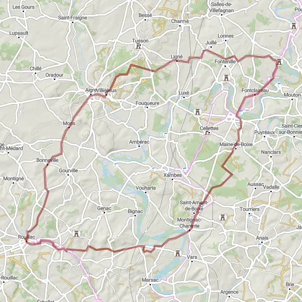 Map miniature of "Aigre - Château de Bayers - Montignac-Charente - Saint-Cybardeaux Loop" cycling inspiration in Poitou-Charentes, France. Generated by Tarmacs.app cycling route planner