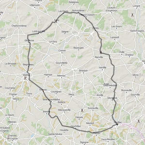 Map miniature of "Courbillac - Bagnizeau - Romazières - Montigné Loop" cycling inspiration in Poitou-Charentes, France. Generated by Tarmacs.app cycling route planner