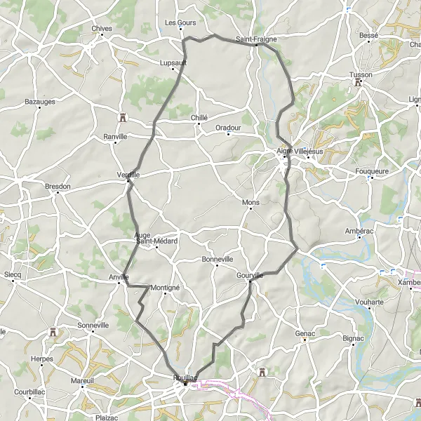 Miniature de la carte de l'inspiration cycliste "Boucle de 55 km près de Rouillac" dans la Poitou-Charentes, France. Générée par le planificateur d'itinéraire cycliste Tarmacs.app