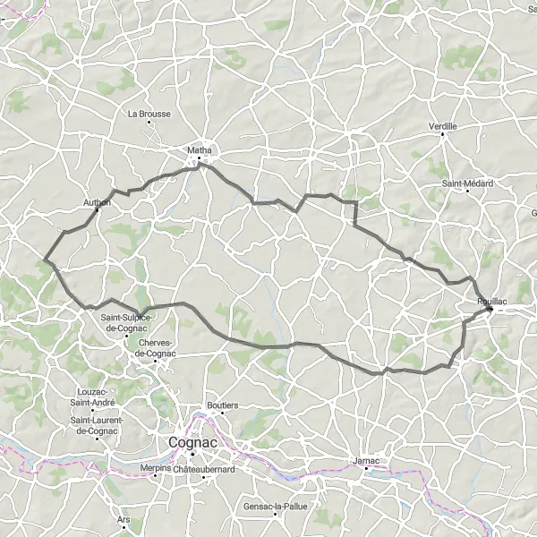 Miniature de la carte de l'inspiration cycliste "Escapade de 79 km à vélo près de Rouillac" dans la Poitou-Charentes, France. Générée par le planificateur d'itinéraire cycliste Tarmacs.app