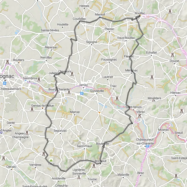 Map miniature of "Exploring Rouillac's Historical Wonders" cycling inspiration in Poitou-Charentes, France. Generated by Tarmacs.app cycling route planner