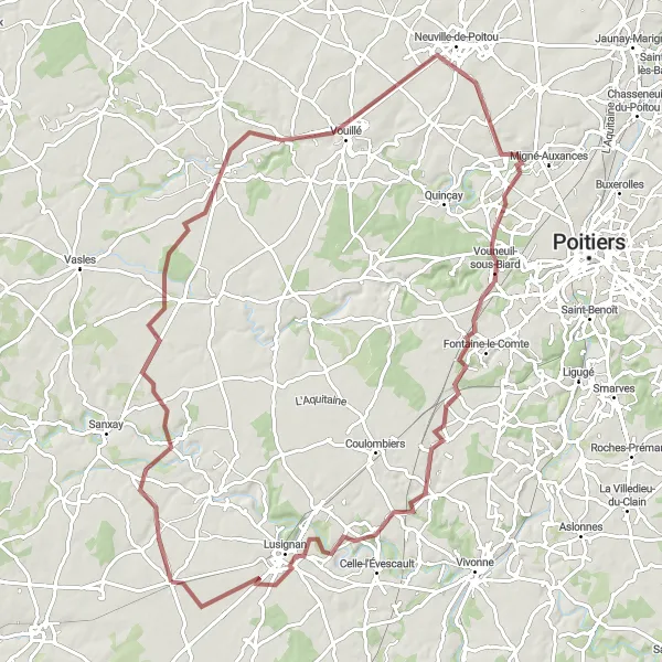 Map miniature of "Rouillé - Curzay-sur-Vonne - Latillé - Yversay - Vouneuil-sous-Biard - Cloué - Rouillé" cycling inspiration in Poitou-Charentes, France. Generated by Tarmacs.app cycling route planner