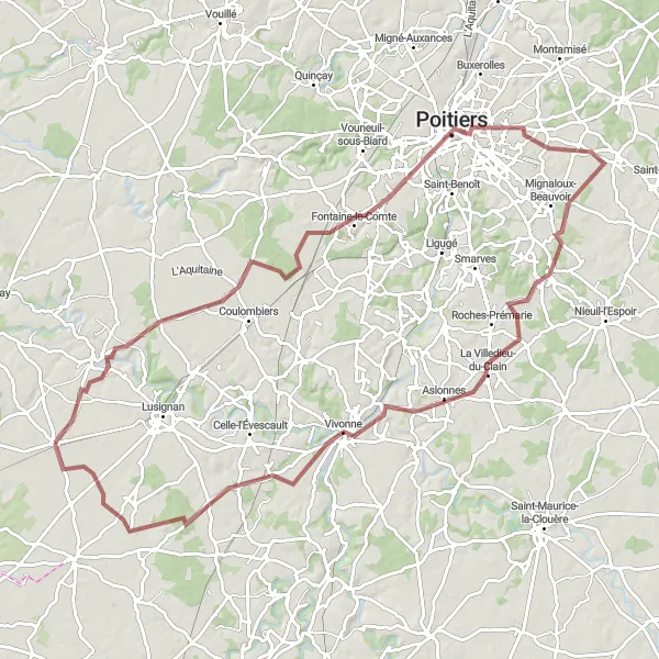 Map miniature of "Rouillé - Château de la Cour - Croutelle - Nouaillé-Maupertuis - Vivonne - Rouillé" cycling inspiration in Poitou-Charentes, France. Generated by Tarmacs.app cycling route planner