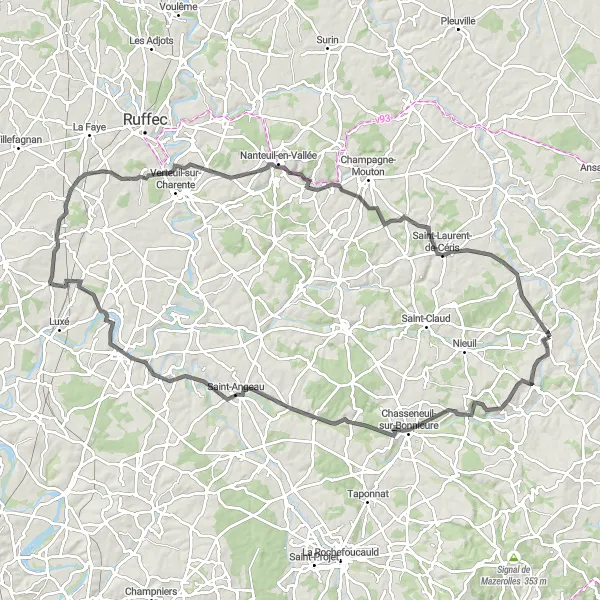 Map miniature of "Chasseneuil-sur-Bonnieure Loop" cycling inspiration in Poitou-Charentes, France. Generated by Tarmacs.app cycling route planner