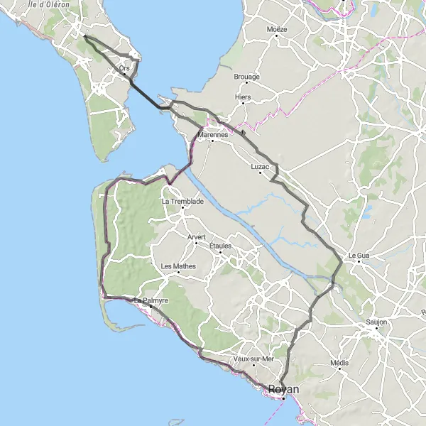 Map miniature of "Loop through Royan and Charente Maritime" cycling inspiration in Poitou-Charentes, France. Generated by Tarmacs.app cycling route planner