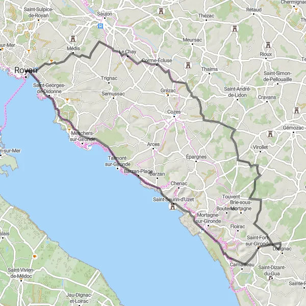 Map miniature of "Gironde Estuary Loop" cycling inspiration in Poitou-Charentes, France. Generated by Tarmacs.app cycling route planner