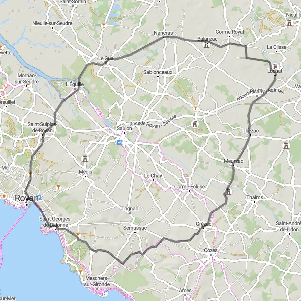 Miniature de la carte de l'inspiration cycliste "La Route des Villages Charentais en Vélo de Route" dans la Poitou-Charentes, France. Générée par le planificateur d'itinéraire cycliste Tarmacs.app
