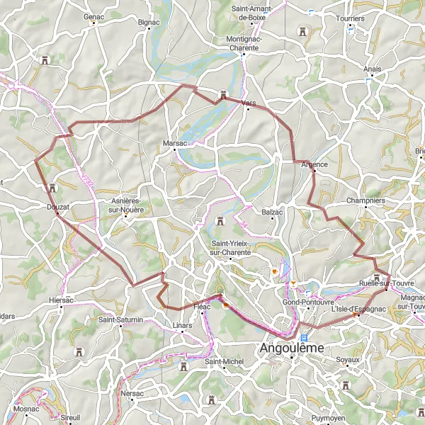 Map miniature of "Angoulême Gravel Loop" cycling inspiration in Poitou-Charentes, France. Generated by Tarmacs.app cycling route planner