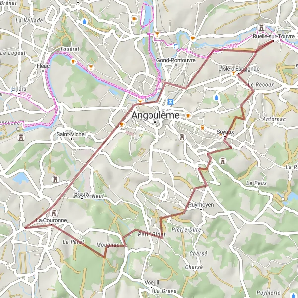 Map miniature of "Angoulême Gravel Adventure" cycling inspiration in Poitou-Charentes, France. Generated by Tarmacs.app cycling route planner