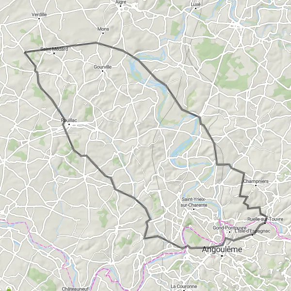 Map miniature of "Scenic Route through the Countryside" cycling inspiration in Poitou-Charentes, France. Generated by Tarmacs.app cycling route planner