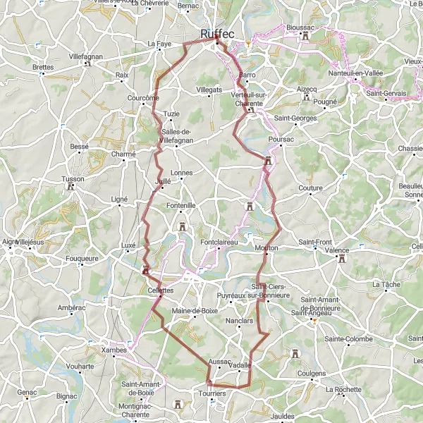Miniature de la carte de l'inspiration cycliste "La Boucle des Châteaux et des Vallées" dans la Poitou-Charentes, France. Générée par le planificateur d'itinéraire cycliste Tarmacs.app