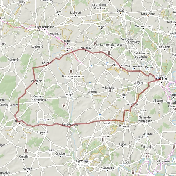 Miniature de la carte de l'inspiration cycliste "Le Tour des Villages Authentiques" dans la Poitou-Charentes, France. Générée par le planificateur d'itinéraire cycliste Tarmacs.app