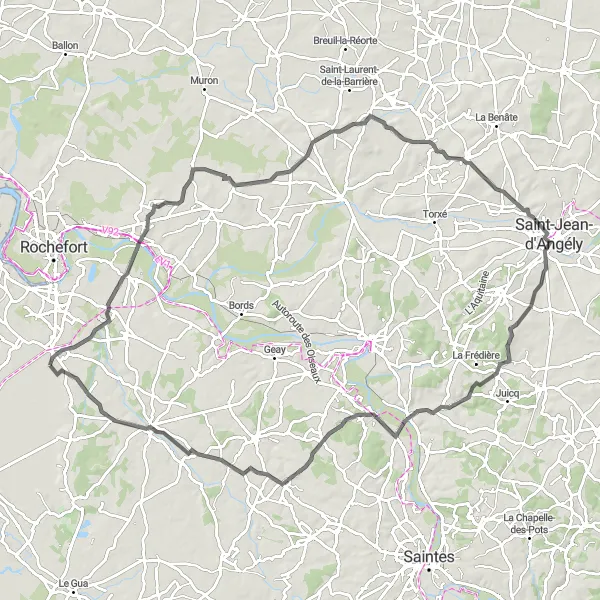Miniature de la carte de l'inspiration cycliste "Le Circuit d'Annezay et Saint-Jean-d'Angély" dans la Poitou-Charentes, France. Générée par le planificateur d'itinéraire cycliste Tarmacs.app