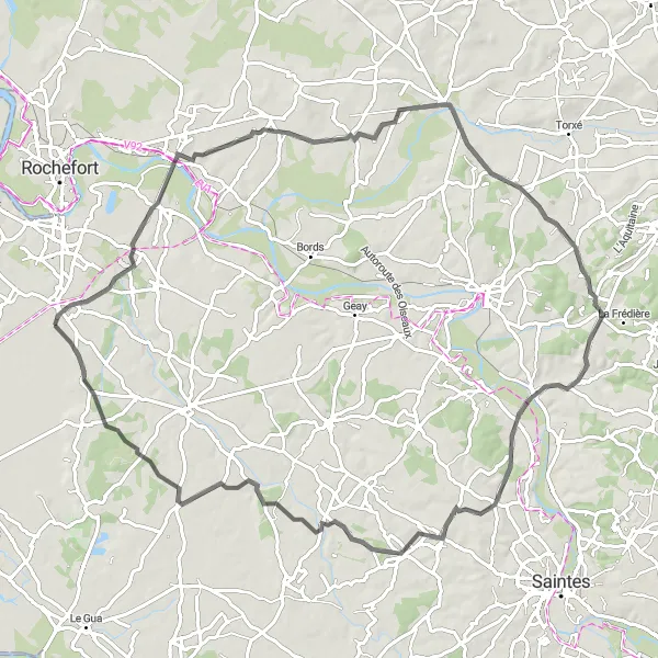 Miniature de la carte de l'inspiration cycliste "La Route des Nouillers et Grandjean" dans la Poitou-Charentes, France. Générée par le planificateur d'itinéraire cycliste Tarmacs.app