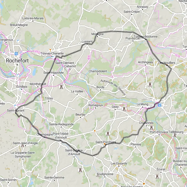 Miniature de la carte de l'inspiration cycliste "Boucle de 71 km vers Tonnay-Charente et Pont-l'Abbé-d'Arnoult" dans la Poitou-Charentes, France. Générée par le planificateur d'itinéraire cycliste Tarmacs.app