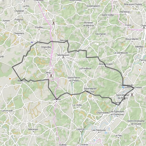 Miniature de la carte de l'inspiration cycliste "Boucle du Sud de la Charente" dans la Poitou-Charentes, France. Générée par le planificateur d'itinéraire cycliste Tarmacs.app