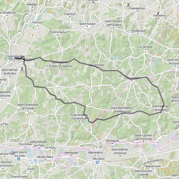 Miniature de la carte de l'inspiration cycliste "La Boucle de la Double" dans la Poitou-Charentes, France. Générée par le planificateur d'itinéraire cycliste Tarmacs.app
